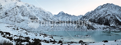 Aoraki, Mount Cook and Mueller Lake panorama (see also Image #mychillybin100468_1329)