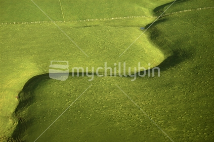 Aerial shot of farmland showing lush green pasture