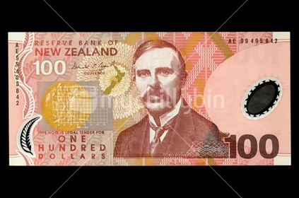 New Zealand one hundred dollar note - front. Featuring Lord Rutherford. 
(Shot at the same relative scale as other notes from photographers series)
Note: Please view approved reproduction details of NZ banknote full images at: http://www.rbnz.govt.nz/notes_and_coins/issuing_or_reproducing/