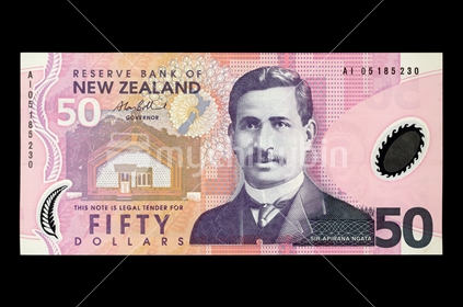 New Zealand fifty dollar note - front. Featuring Sir Apirana Ngata. 
(Shot at the same relative scale as other notes from photographers series)
Note: Please view approved reproduction details of NZ banknote full images at: http://www.rbnz.govt.nz/notes_and_coins/issuing_or_reproducing/