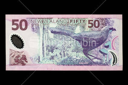 New Zealand fifty dollar note - back. Featuring Kokako. 
(Shot at the same relative scale as other notes from photographers series)
Note: Please view approved reproduction details of NZ banknote full images at: http://www.rbnz.govt.nz/notes_and_coins/issuing_or_reproducing/