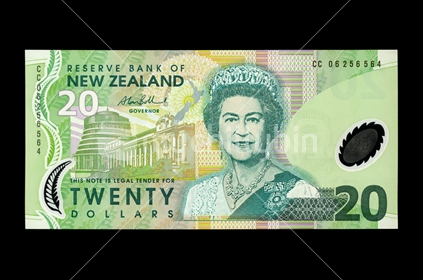 New Zealand twenty dollar note - front. Featuring Queen Elizabeth. 
(Shot at the same relative scale as other notes from photographers series)
Note: Please view approved reproduction details of NZ banknote full images at: http://www.rbnz.govt.nz/notes_and_coins/issuing_or_reproducing/