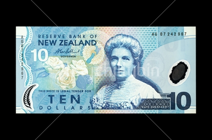New Zealand ten dollar note - front. Featuring Kate Sheppard. 
(Shot at the same relative scale as other notes from photographers series)
Note: Please view approved reproduction details of NZ banknote full images at: http://www.rbnz.govt.nz/notes_and_coins/issuing_or_reproducing/
