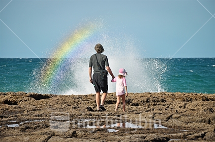 Father and daughter explore the rock pools and a blow hole at Tawharanui regional park near Auckland