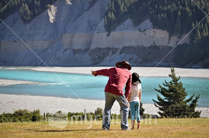 Grandfather and Granddaughter look down the Rakaia Gorge