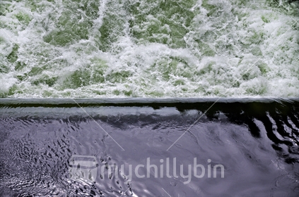 Contrasting water surface textures in the Waikato River, downstream from Arapuni Dam (selective focus)