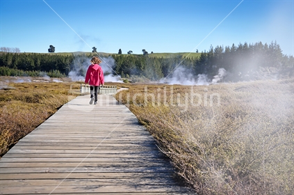 Tourist walks along a boardwalk amidst clouds of steam near Rotorua, North Island, New Zealand 