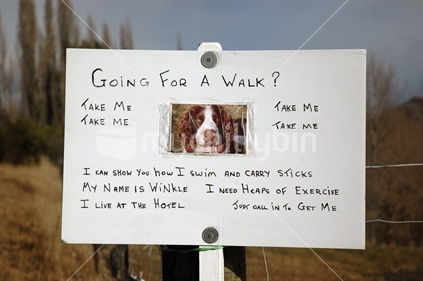 A sign for a dog in need of a walk (not his real name)