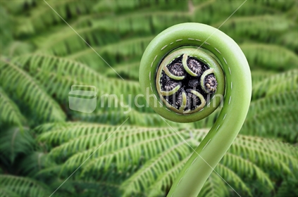 A tree fern frond unfurls in perfect Koru Maori symbol (selective focus) See also #100468_466 and  #100468_465