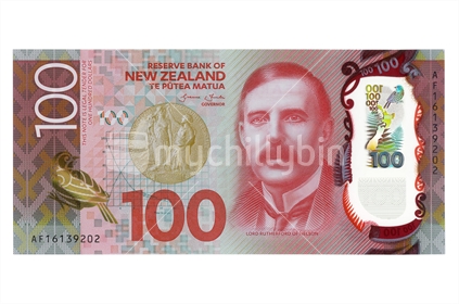 New New Zealand one hundred dollar note - front. Featuring Lord Rutherford. (Shot at the same relative scale as other notes from photographers series) Note: Please view approved reproduction details of NZ banknote full images at:  http://www.rbnz.govt.nz/notes-and-coins/issuing-or-reproducing