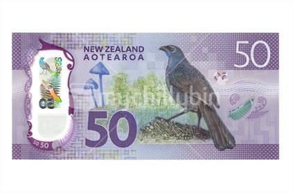 New New Zealand fifty dollar note - back. Featuring Kokako. (Shot at the same relative scale as other notes from photographers series) Note: Please view approved reproduction details of NZ banknote full images at: http://www.rbnz.govt.nz/notes-and-coins/issuing-or-reproducing