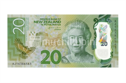 New New Zealand twenty dollar note - front. Featuring Queen Elizabeth. (Shot at the same relative scale as other notes from photographers series) Note: Please view approved reproduction details of NZ banknote full images at: http://www.rbnz.govt.nz/notes-and-coins/issuing-or-reproducing