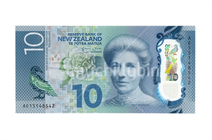 New New Zealand ten dollar note - front. Featuring Kate Sheppard. (Shot at the same relative scale as other notes from photographers series) Note: Please view approved reproduction details of NZ banknote full images at: http://www.rbnz.govt.nz/notes-and-coins/issuing-or-reproducing