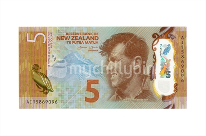 New New Zealand five dollar note - front. Featuring Sir Edmund Hillary. (Shot at the same relative scale as other notes from photographer's series) Note: Please view approved reproduction details of NZ banknote full images at: http://www.rbnz.govt.nz/notes-and-coins/issuing-or-reproducing
