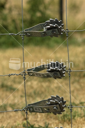 Metal tensioners on a farm fence.