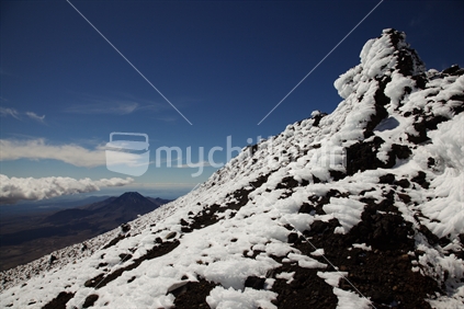Ice encrusted rocks high on Pinnacle Ridge, Mt Ruapehu, after an unseasonal wintery blast
