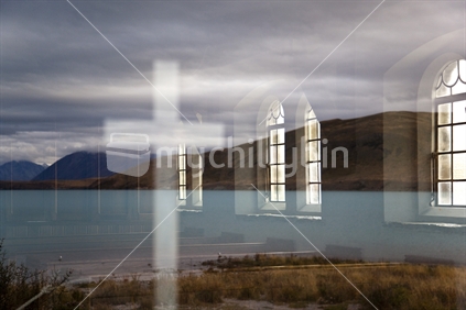 Reflection of Lake Tekapo and surrounds in the front window of the Church of the Good Sheppard, Tekapo. (Single Exposure).