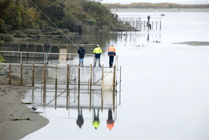 3 people standing on whitebait stand in Haast with reflections in water