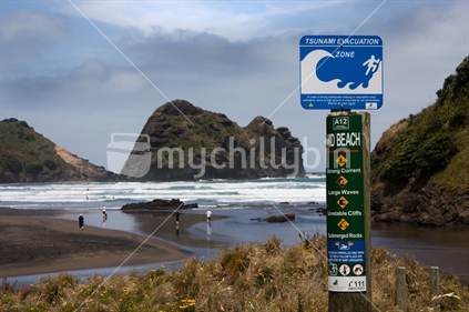 Surf and Cliff Warning Sign, Piha Beach, Auckland