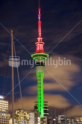 Skytower lit for Christmas, night, 