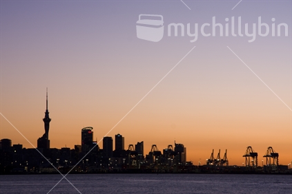 Auckland Skyline; CBD and wharves, at Sunset