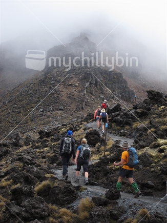 Walkers Ascend into the steam, Mt Tongariro