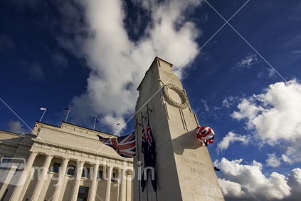 Flags and Cenotaph outside the Auckland War Memorial Museum on Anzac Day, 2014