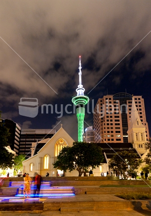 Urban night scene. Saint Patrick's Church,  Auckland, New Zealand
