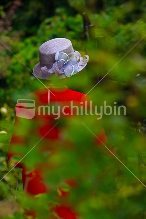 Woman wearing an elegant hat, outdoors in the Rose Gardens, Auckland.