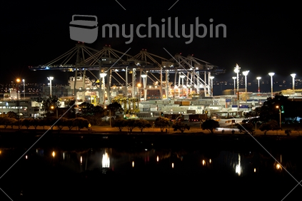 The busy Port of Auckland at night.