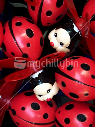 Close up of ladybird garden ornaments 