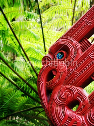 Close up of wooden carving from Waitangi Treaty Grounds