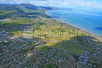 Aerial view of airport and township, Kapiti Coast
