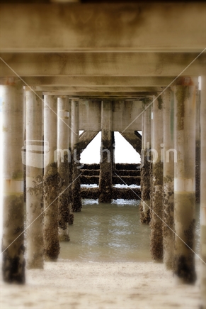 The underside of a wooden wharf