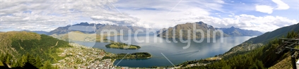 Panoramic shot of Queenstown and Lake Wakatipu with The Remarkables in the background. South Island, New Zealand
