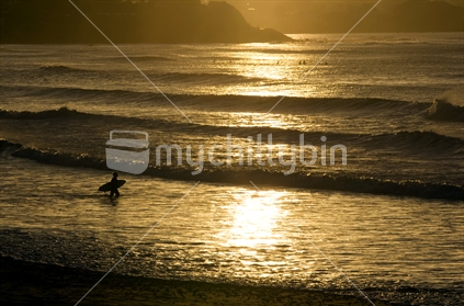 A surfer heading out into the water as low sun reflects off water