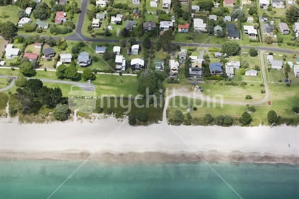 Aerial view of coastal houses and baches, Coromandel, New Zealand