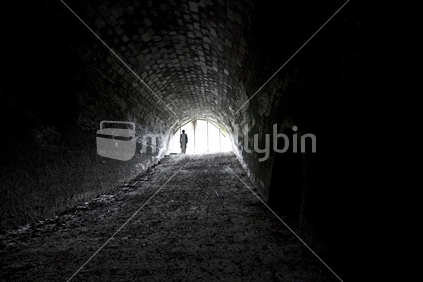 A person silhouetted in the old Hapuawhenua rail tunnel that is no longer used for rail