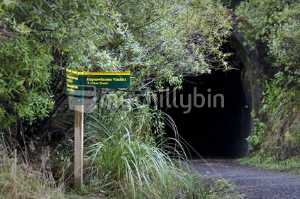 A DOC sign at the entrance of old Hapuawhenua rail tunnel, New Zealand