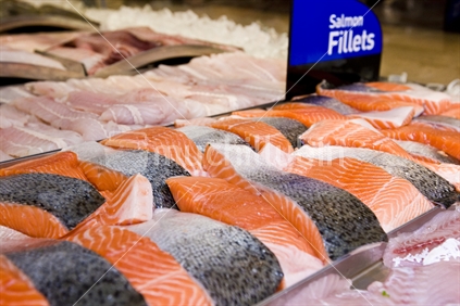 Fresh salmon fillets display in a refrigerated cabinet.