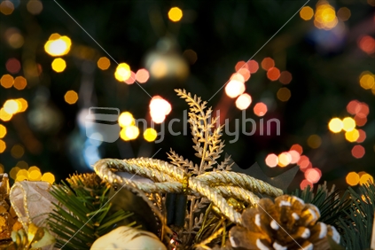 Christmas decorations, tree, and lights.