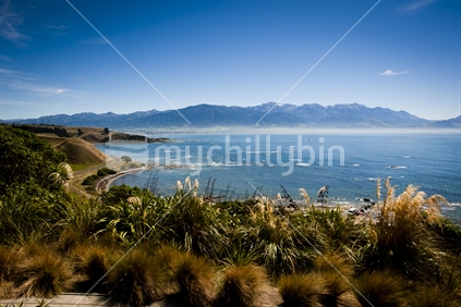 A view of the Kaikoura coastline and Kaikoura ranges from a walkway lookout point.