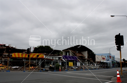 The Stanmore Road shops are fenced off after suffering huge devastation in the earthquake.
