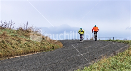 Mountain bike riders riding uphill.