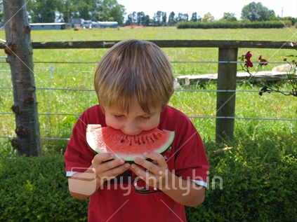 Boy eating juicy watermelon