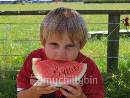Boy eating juicy watermelon