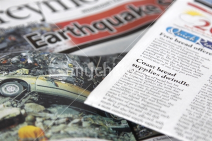 Newspaper headlines in Greymouth on the West Coast about the Christchurch earthquake, 22nd February, 2011. Shortage of product.