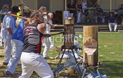 Woodchopping sport in action.