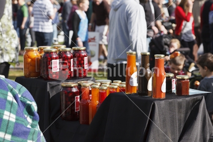Preserves stall, at Market Day, Alexandra, Central Otago, New Zealand.