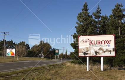 Town sign for Kurow, Waitaki Valley, South Island.